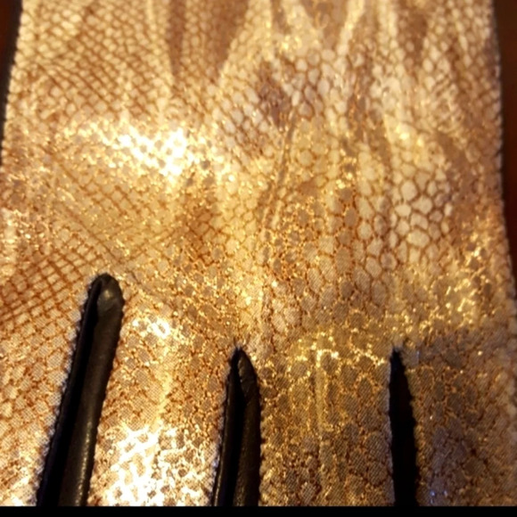 CHICO'S METALLIC EXOTIC LEATHER GLOVES BROWN/ GOLD -SZ. MED- LINED NWT - Picture 4 of 8